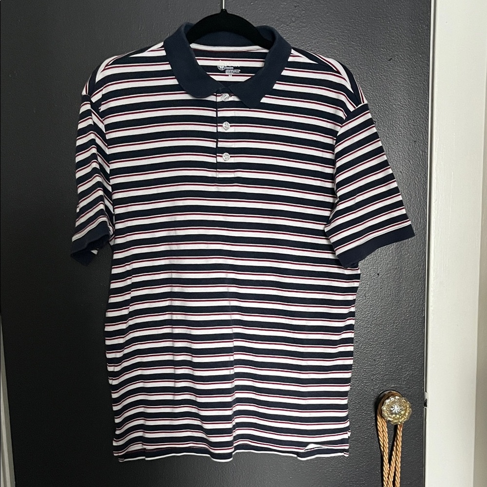 Navy and White Striped Polo Shirt